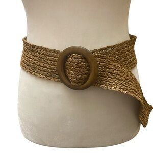 Vintage 1970s Style Bohemian Wide Woven Raffia Belt with Wooden Buckle Hippie